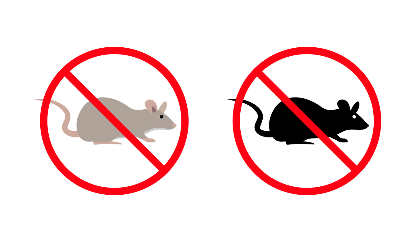 Two red circles with a line through each, representing rodent removal. In one circle is a mouse, and a rat is in the other.